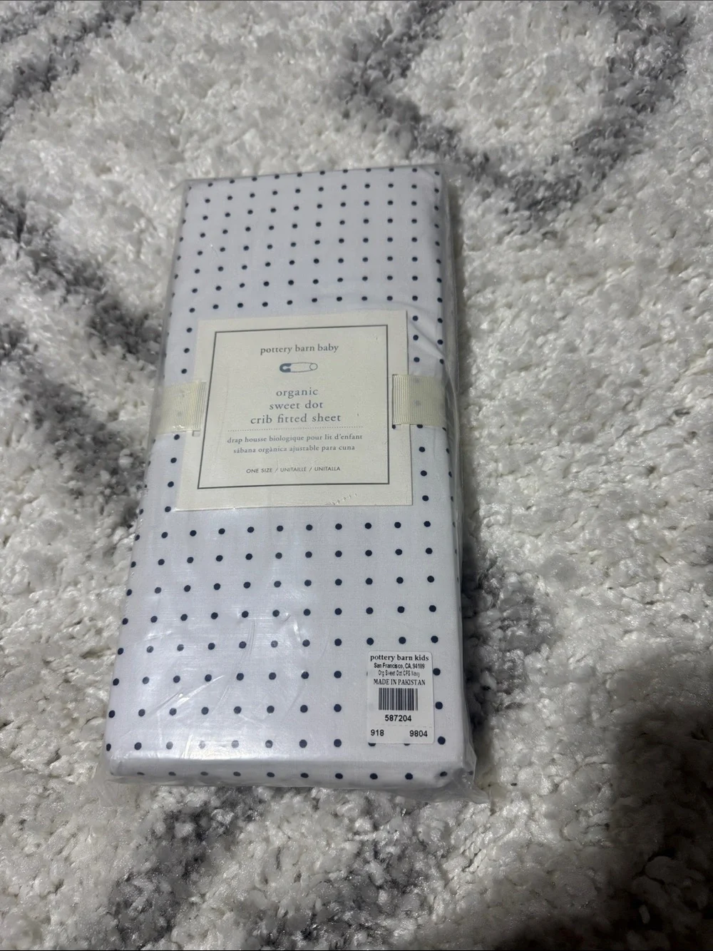 Pottery Barn Kids White Fitted Crib Sheet with Navy Dot Print